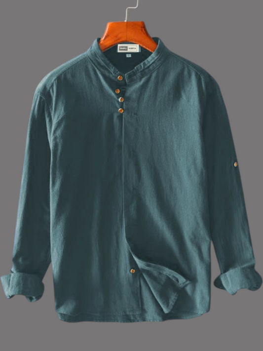 Men's Casual Mandarin Collar Shirt with Full Sleeve – Classic Green