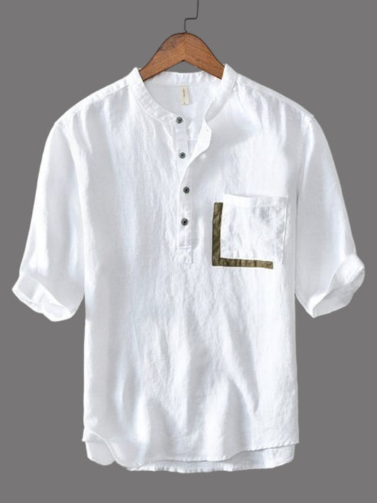 Men's White Stand Collar half Kurta Sleeve Shirts with Pocket